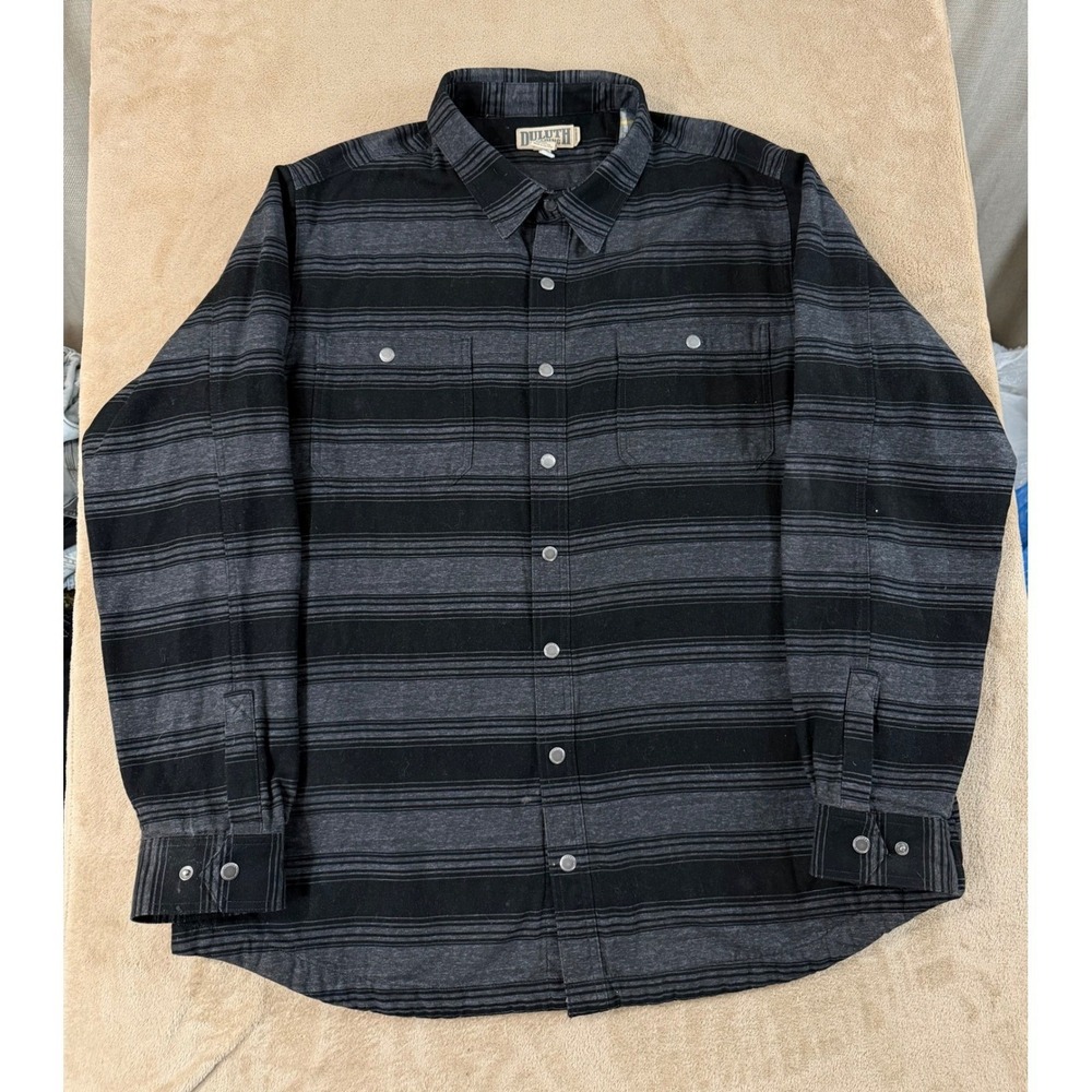 Duluth Trading Co Flannel Lined Shirt Jacket Men 2XL Tall Black Grey Striped EUC
